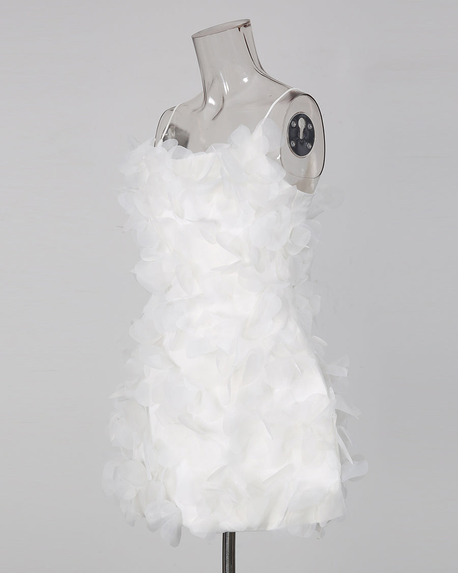 White 3D Petal Spaghetti Strap Mini Dress