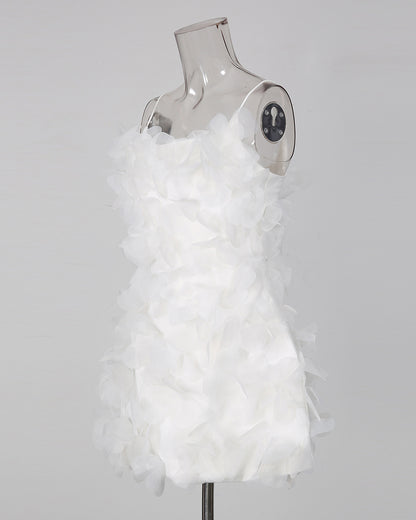 White 3D Petal Spaghetti Strap Mini Dress