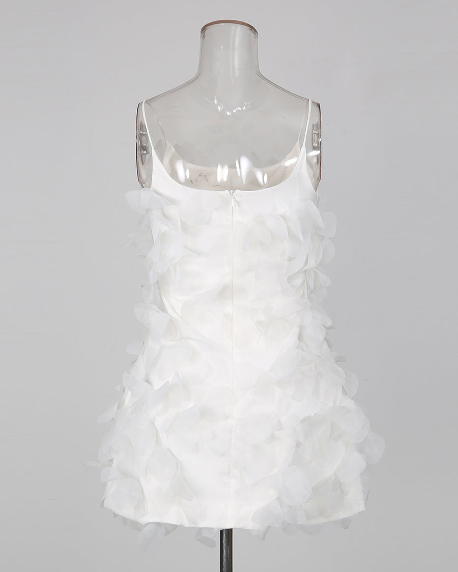 White 3D Petal Spaghetti Strap Mini Dress