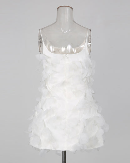 White 3D Petal Spaghetti Strap Mini Dress