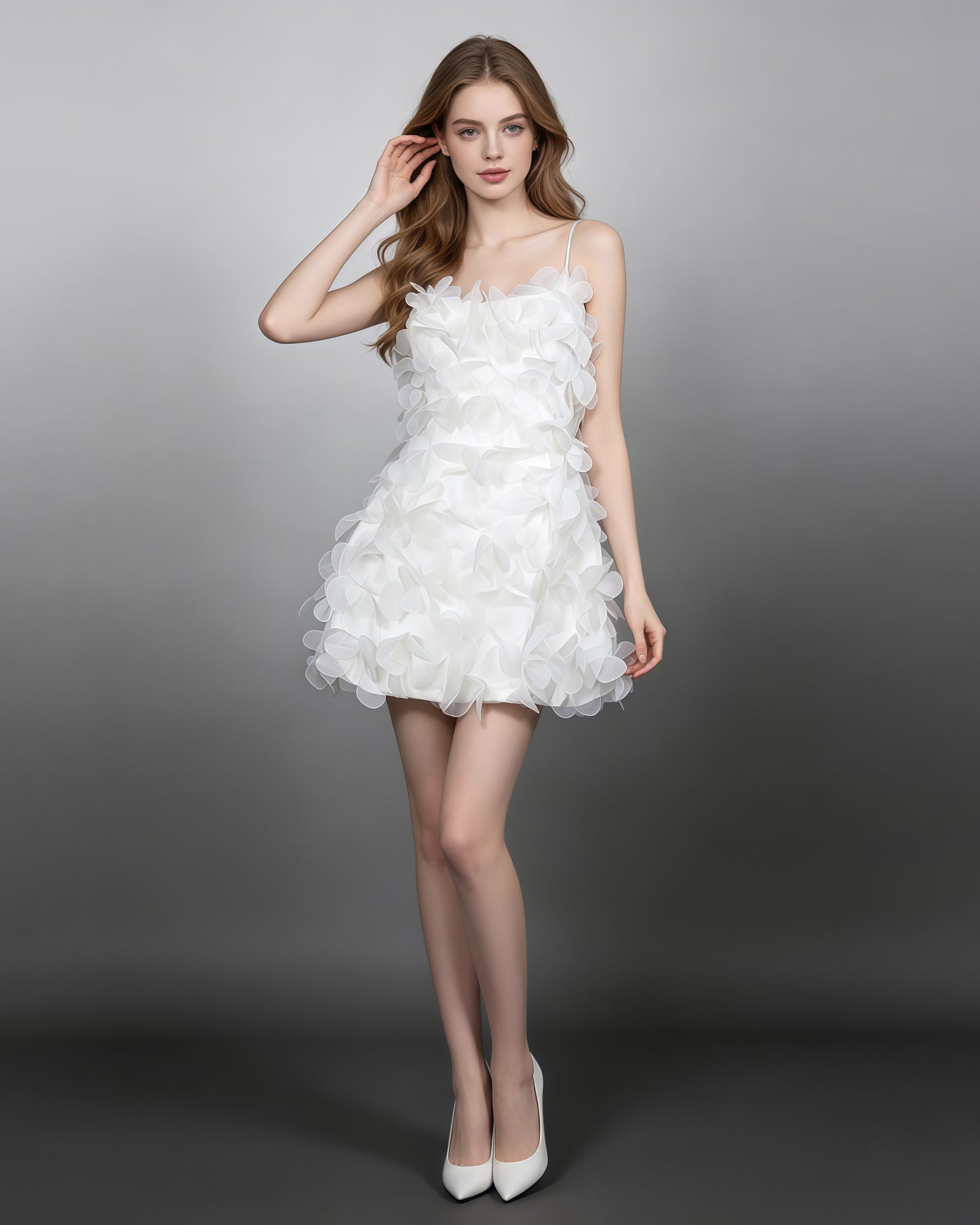 White 3D Petal Spaghetti Strap Mini Dress