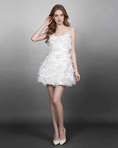 White 3D Petal Spaghetti Strap Mini Dress