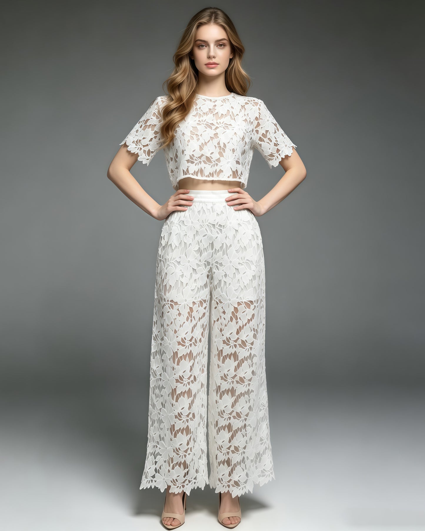 White Appliques Lace Two-Piece Set