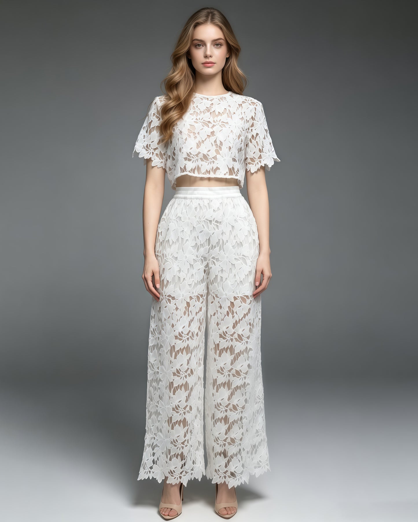 White Appliques Lace Two-Piece Set
