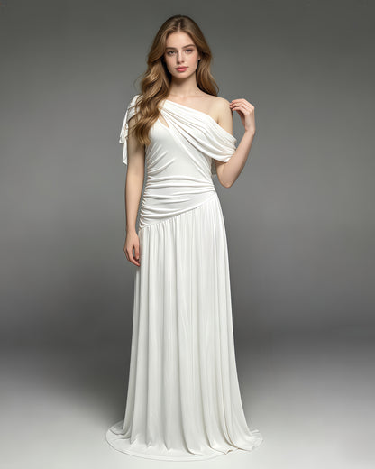 White Asymmetric Draped Maxi Dress