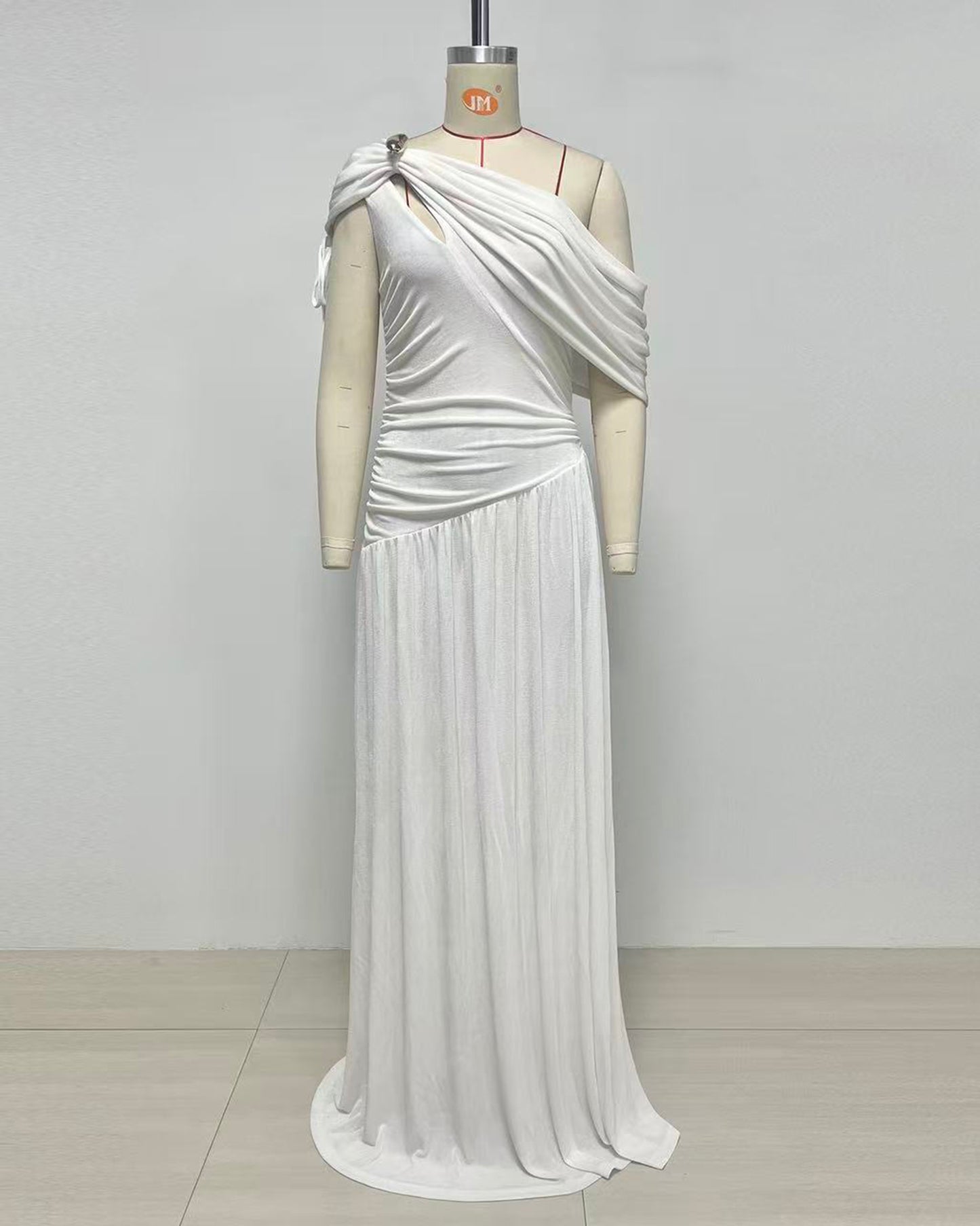 White Asymmetric Draped Maxi Dress