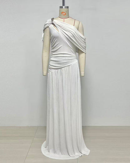 White Asymmetric Draped Maxi Dress