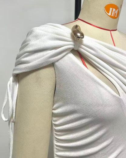 White Asymmetric Draped Maxi Dress