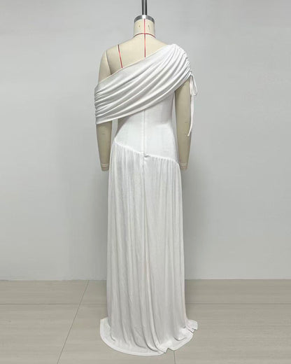 White Asymmetric Draped Maxi Dress