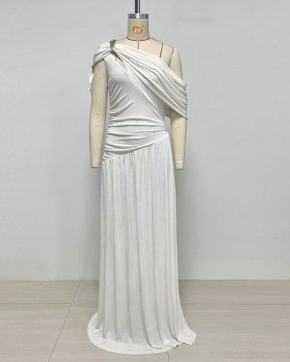 White Asymmetrical One-Shoulder Ruched Maxi Dress
