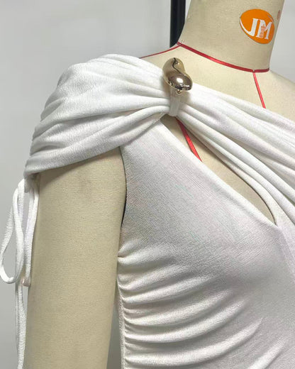 White Asymmetrical One-Shoulder Ruched Maxi Dress