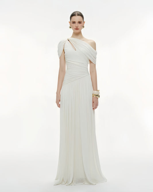 White Asymmetrical One-Shoulder Ruched Maxi Dress