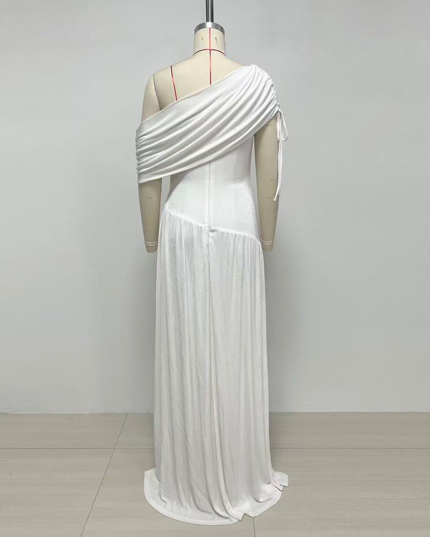 White Asymmetrical One-Shoulder Ruched Maxi Dress