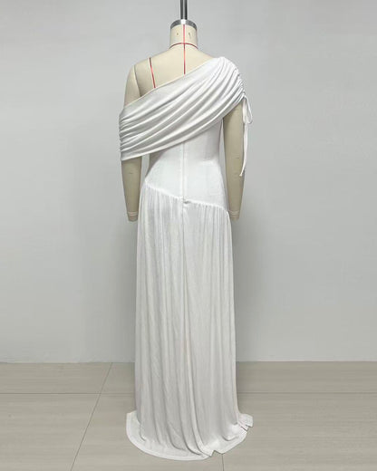 White Asymmetrical One-Shoulder Ruched Maxi Dress