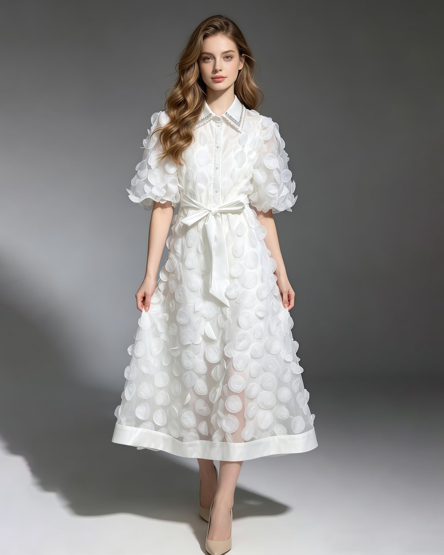 White Beaded Lapel Tunic Belted Maxi Shirt Dress