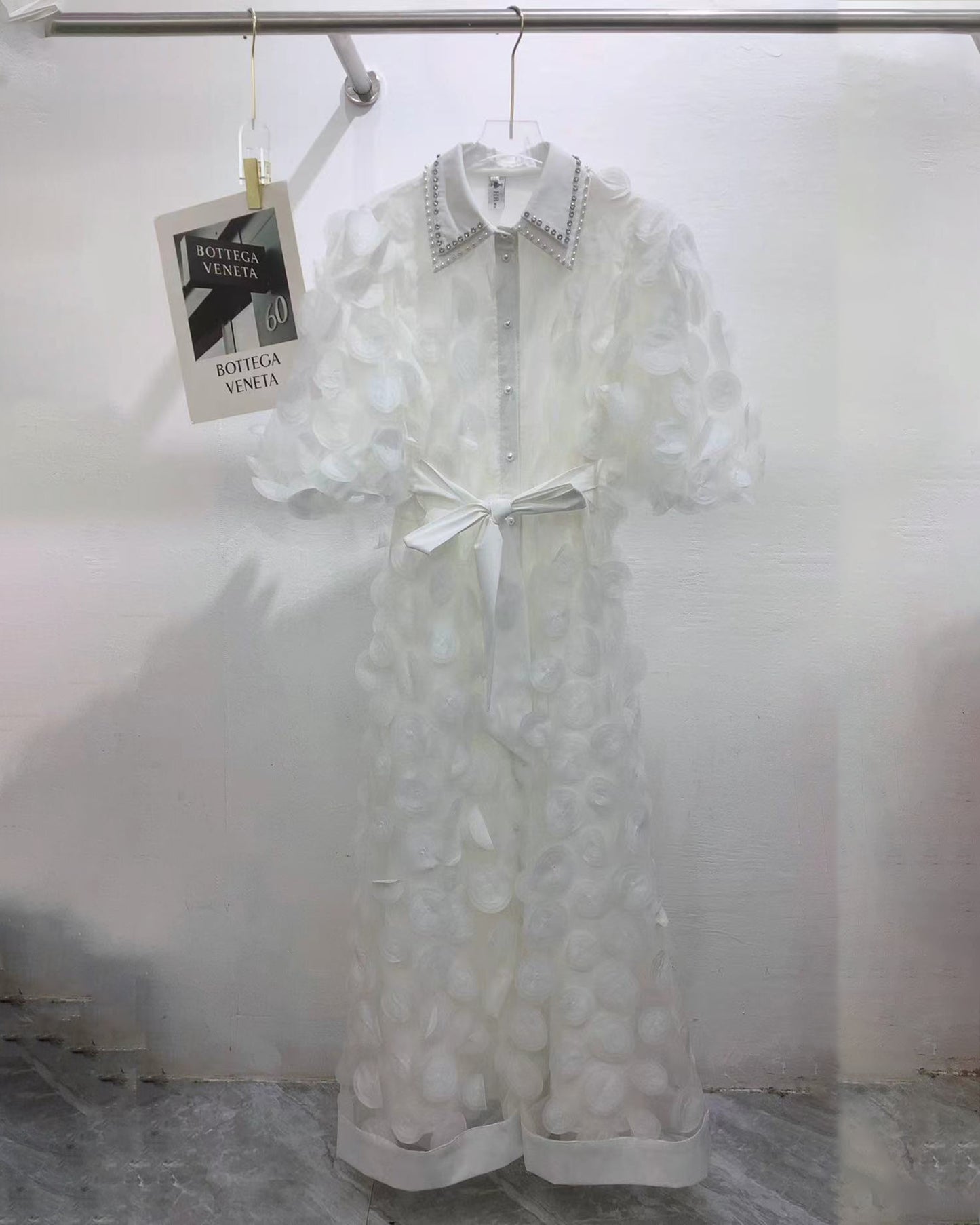 White Beaded Lapel Tunic Belted Maxi Shirt Dress