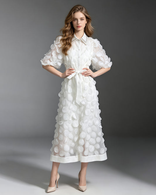 White Beaded Lapel Tunic Belted Maxi Shirt Dress