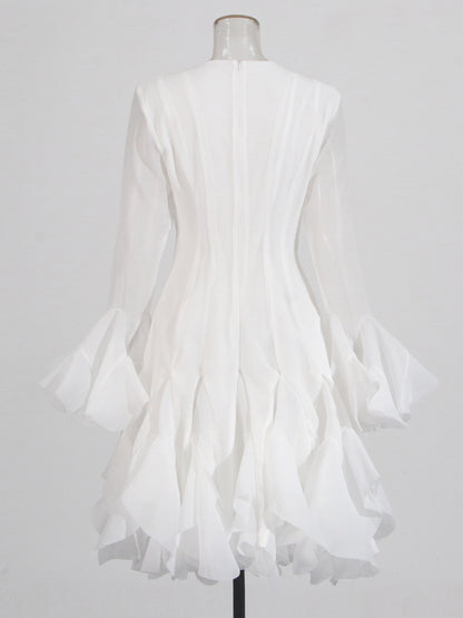 White Bell Sleeve Ruffled Long Dress with Button Front