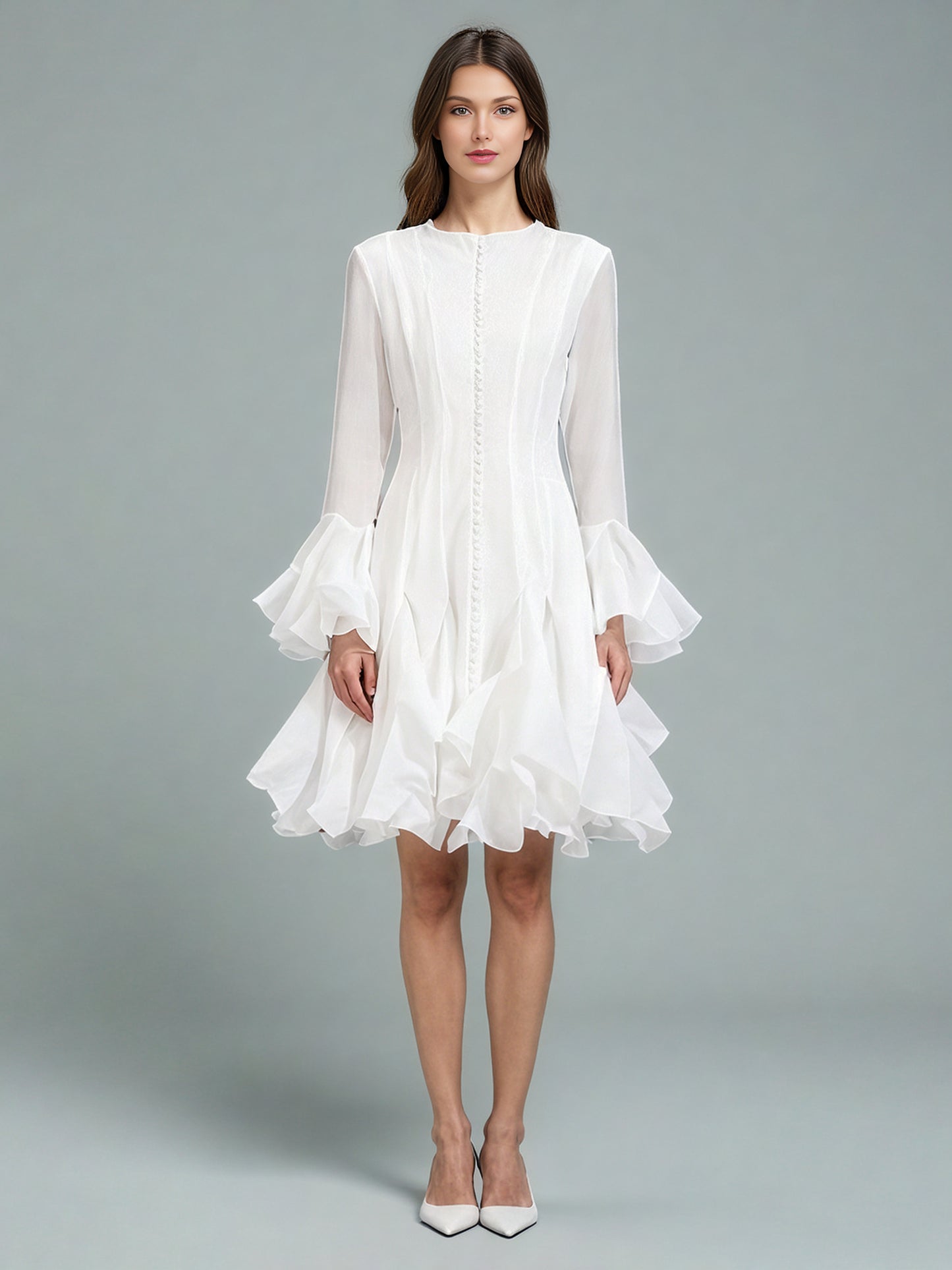 White Bell Sleeve Ruffled Long Dress with Button Front