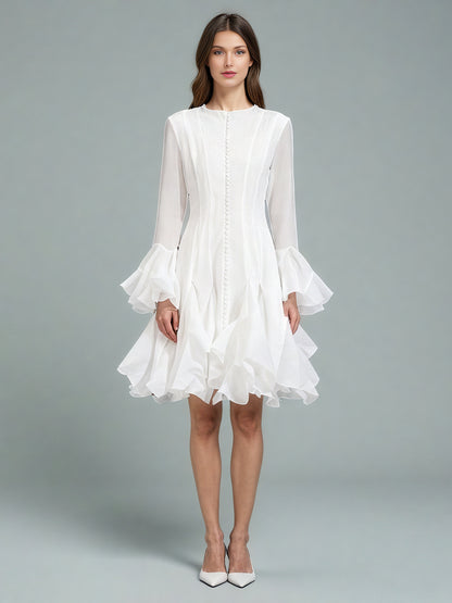 White Bell Sleeve Ruffled Long Dress with Button Front