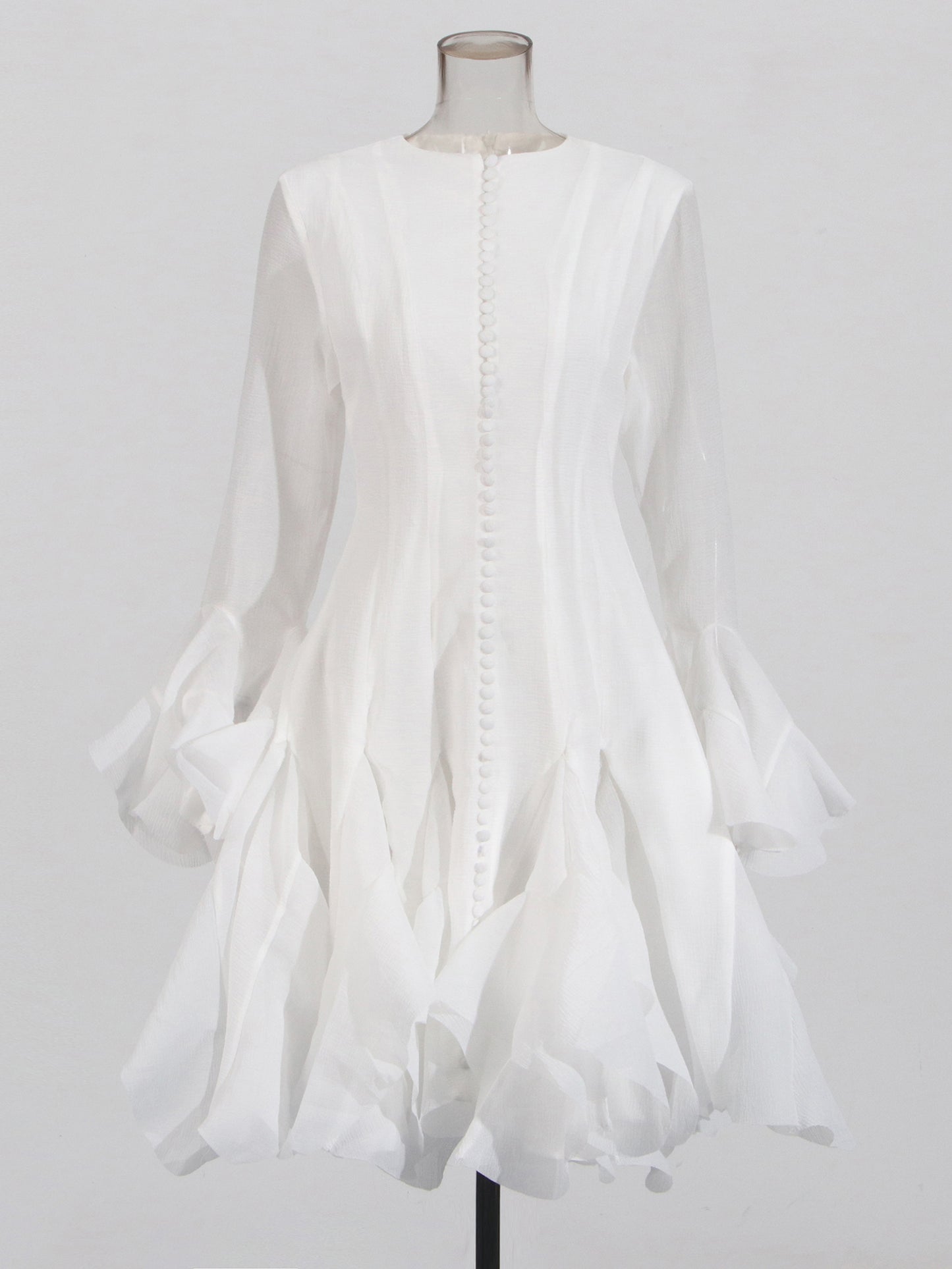 White Bell Sleeve Ruffled Long Dress with Button Front