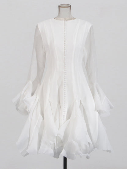 White Bell Sleeve Ruffled Long Dress with Button Front