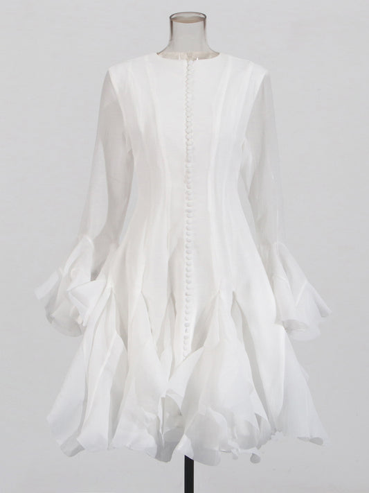 White Bell Sleeve Ruffled Long Dress with Button Front