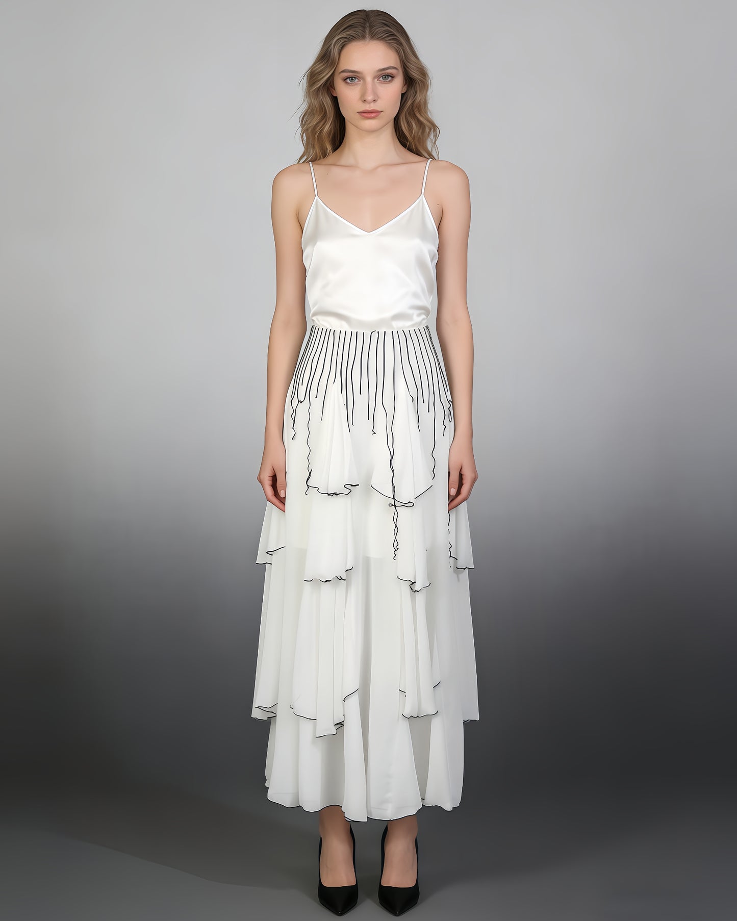 White Black Ruffle Asymmetrical Maxi Skirt