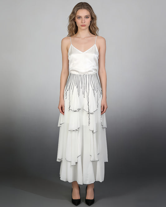 White Black Ruffle Asymmetrical Maxi Skirt