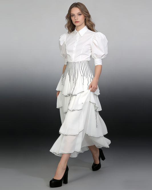 White Black Ruffle Asymmetrical Maxi Skirt