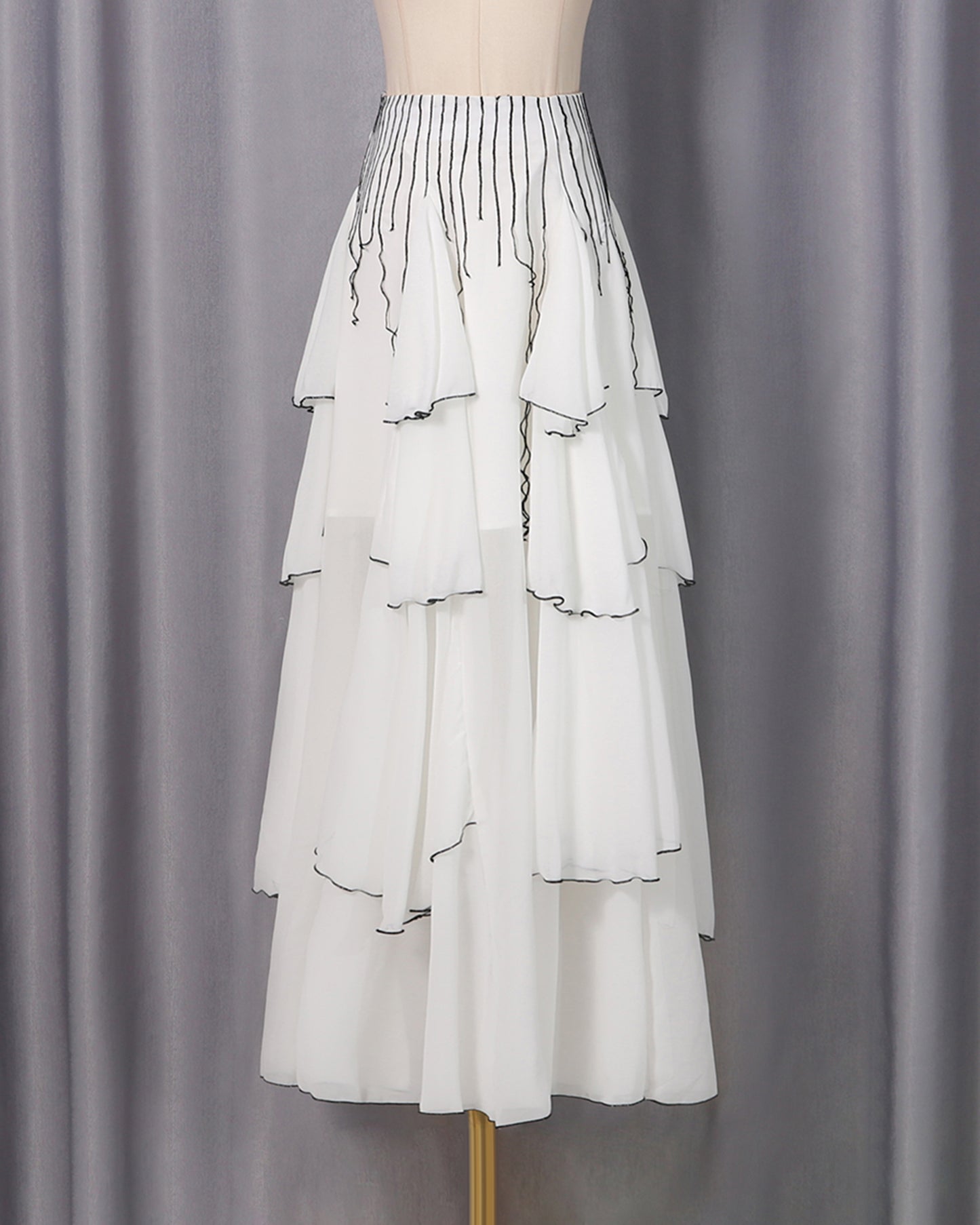 White Black Ruffle Asymmetrical Maxi Skirt