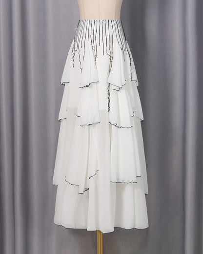 White Black Ruffle Asymmetrical Maxi Skirt