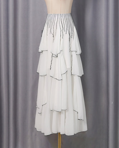 White Black Ruffle Asymmetrical Maxi Skirt