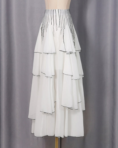 White Black Ruffle Asymmetrical Maxi Skirt