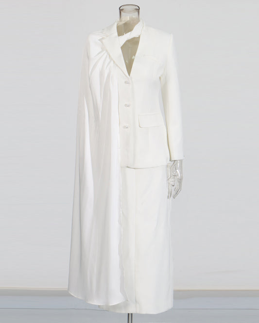 White Blazer Skirt Set with Draped Cape