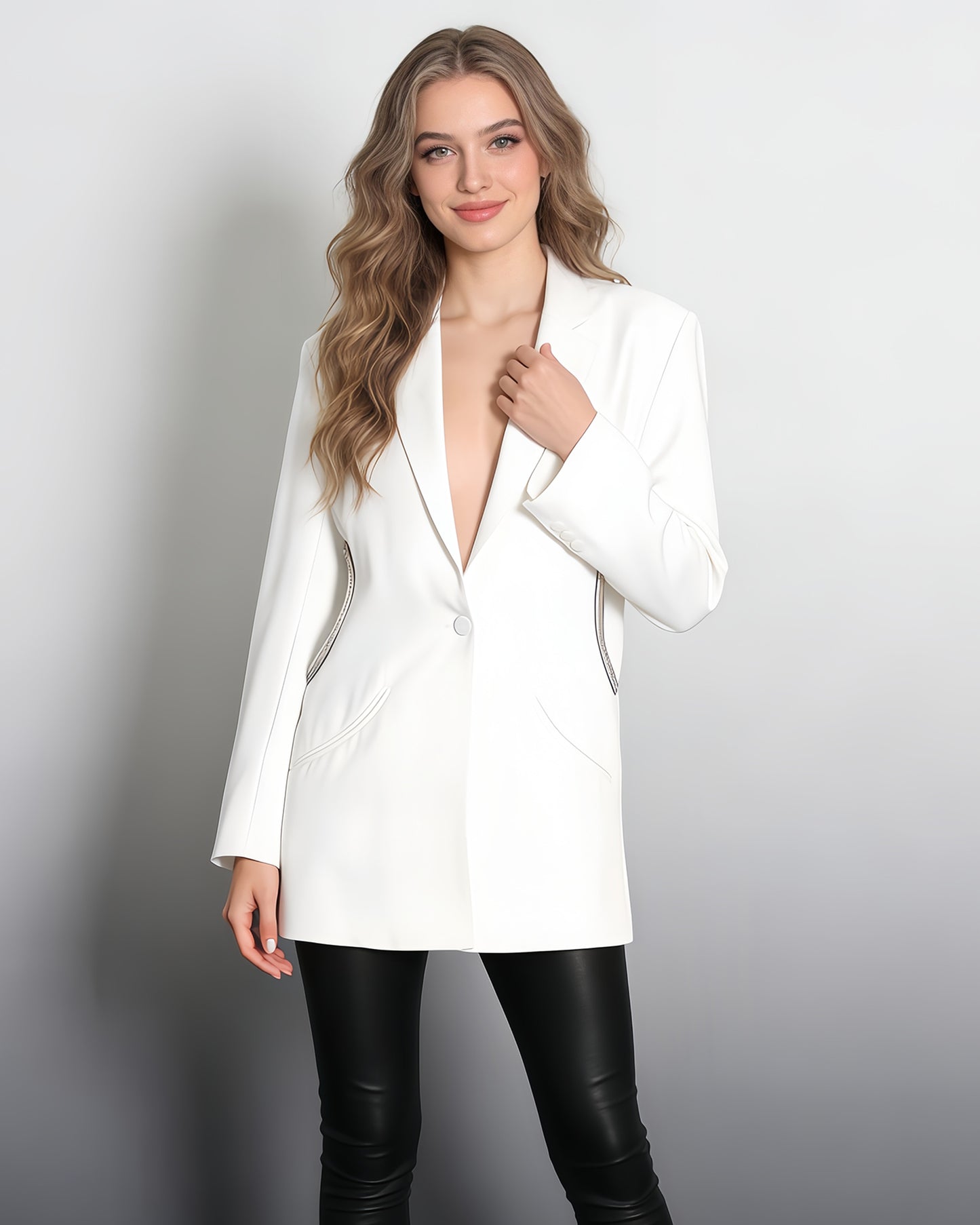 White Blazer with Crystal-Trimmed Cutout Back