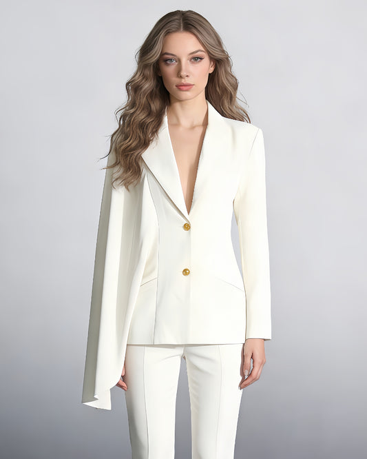 White Blazer with Gold Buttons & Asymmetric Sleeve