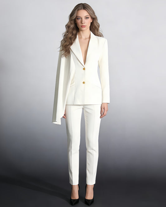 White Blazer with Gold Buttons & Asymmetric Sleeve