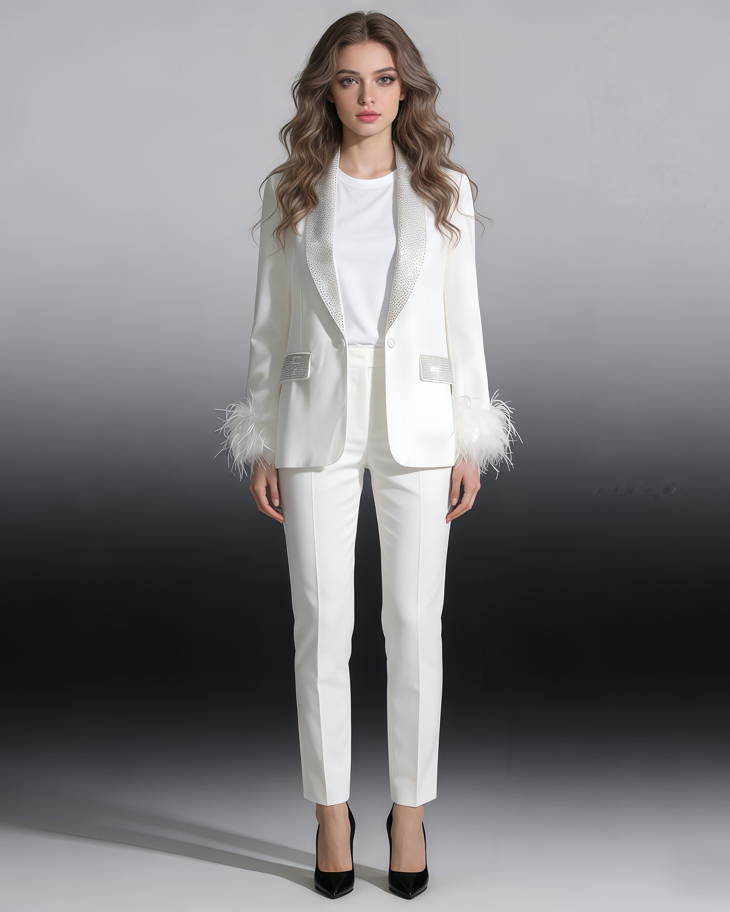 White Blazer with Sequin Trim & Feather Cuffs