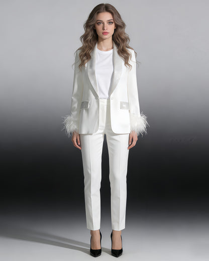 White Blazer with Sequin Trim & Feather Cuffs