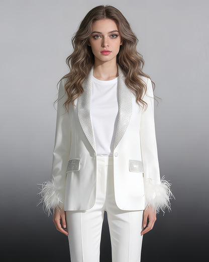 White Blazer with Sequin Trim & Feather Cuffs