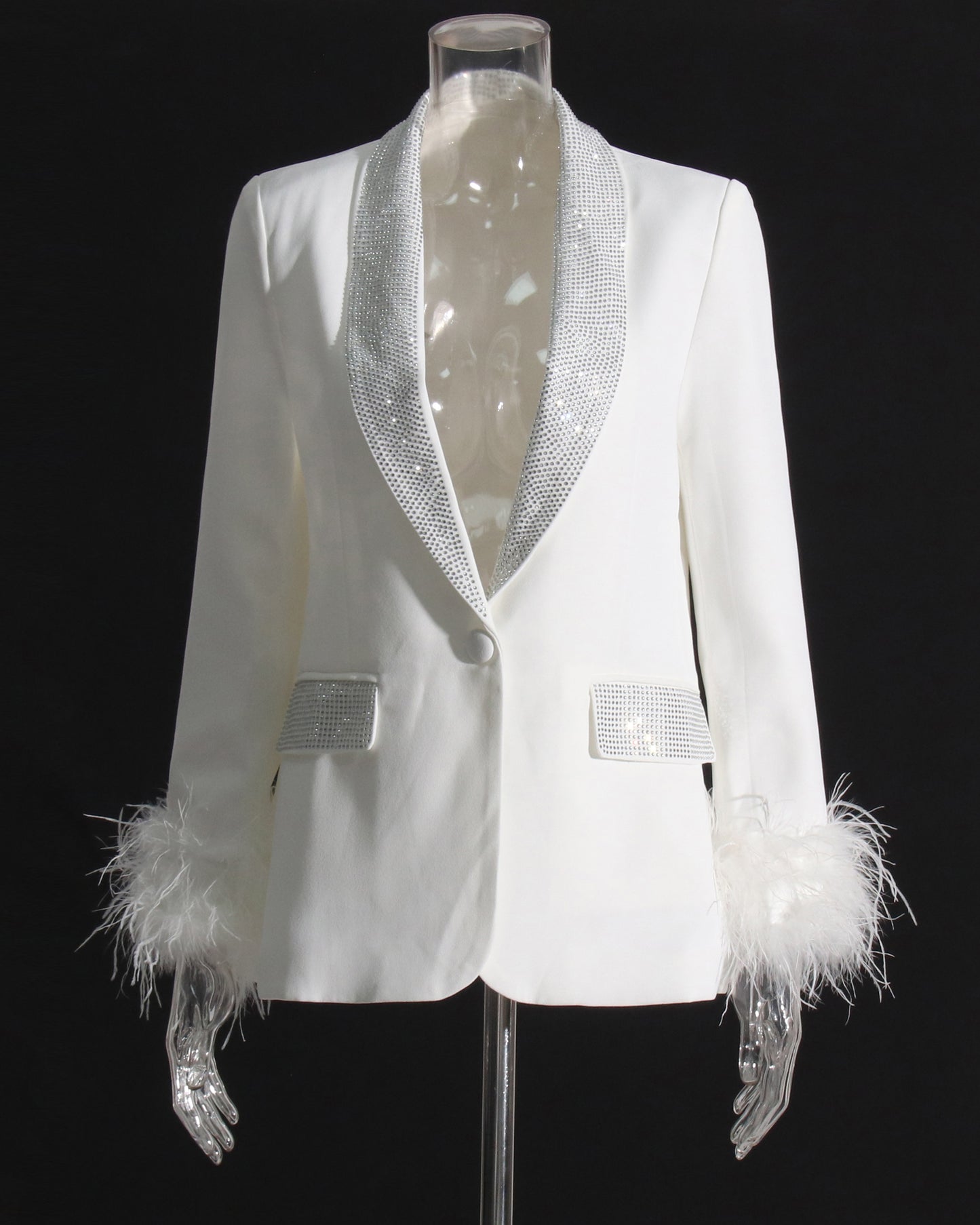 White Blazer with Sequin Trim & Feather Cuffs