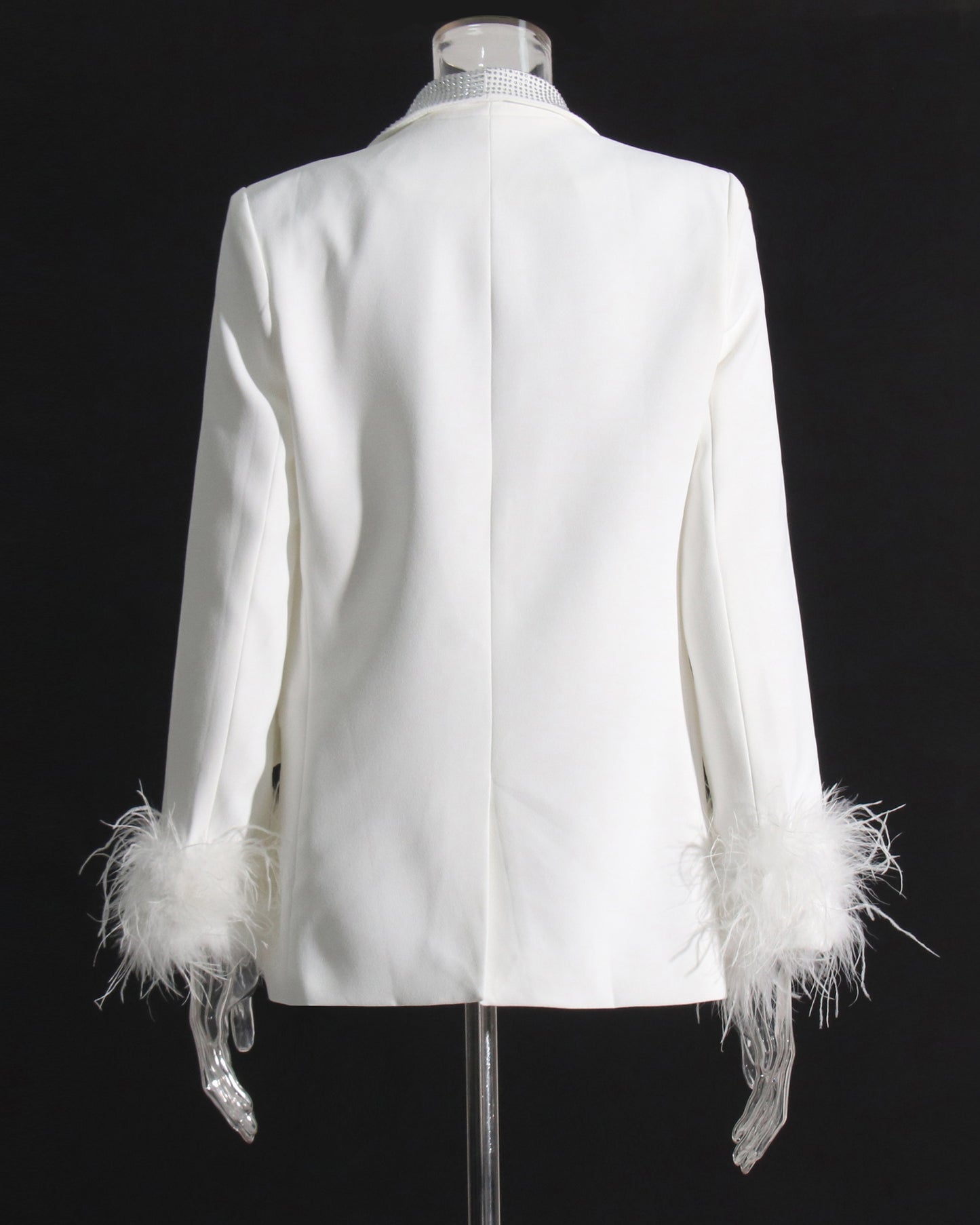 White Blazer with Sequin Trim & Feather Cuffs