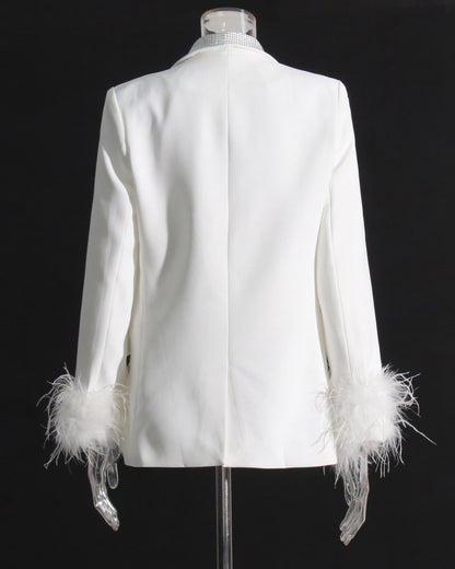 White Blazer with Sequin Trim & Feather Cuffs