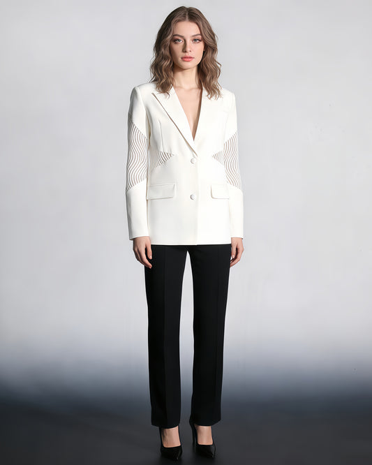 White Blazer with Sheer Mesh Sleeve Panels