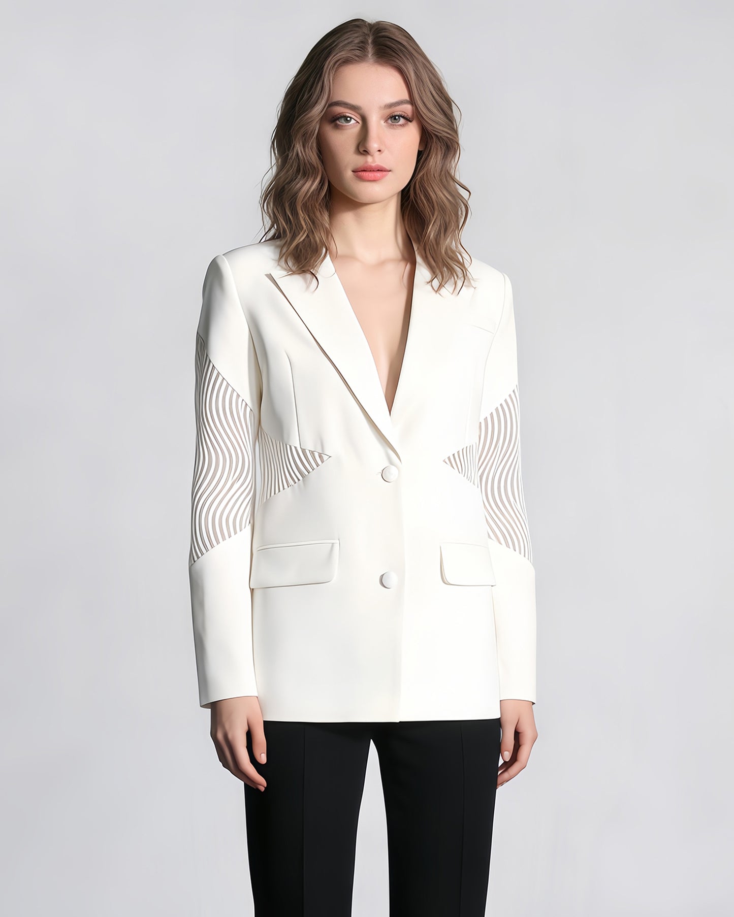 White Blazer with Sheer Mesh Sleeve Panels