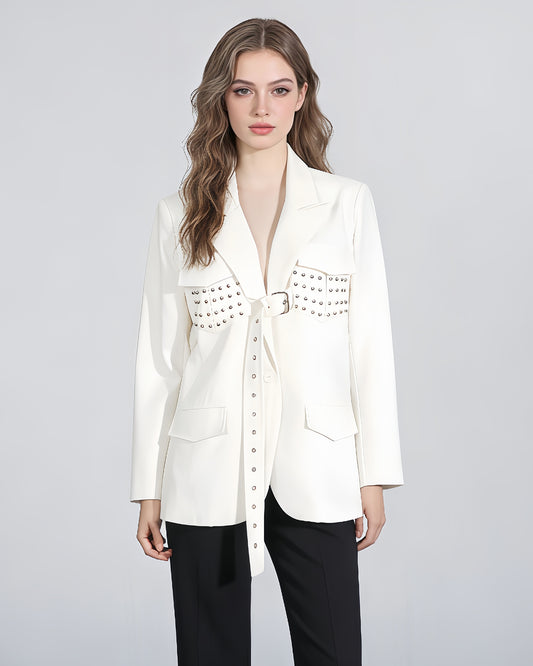 White Blazer with Studs & Buckle Belt