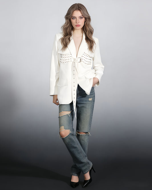 White Blazer with Studs & Buckle Belt