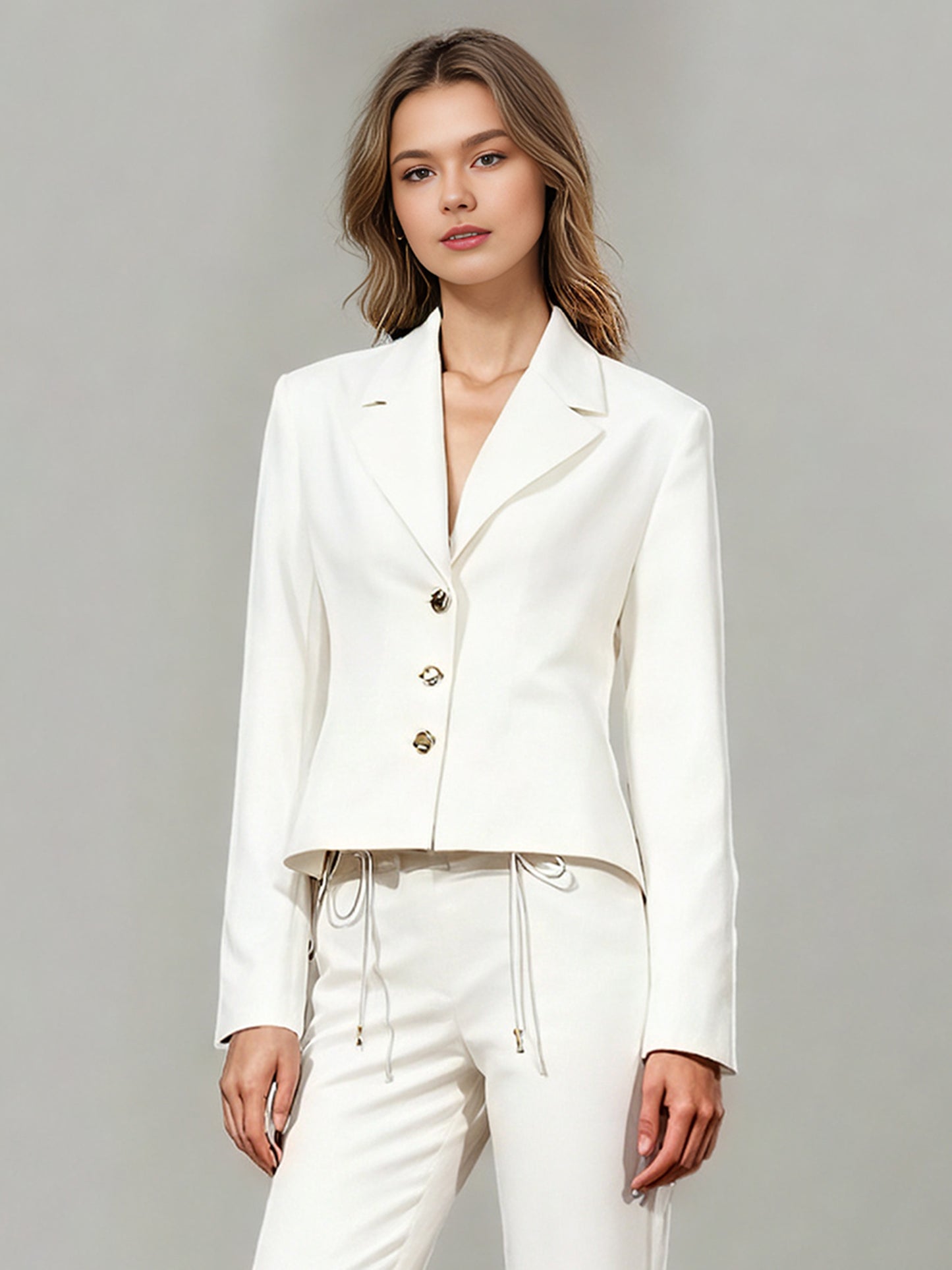 White Blazer with Unique Button & Drawstring Hem Detailing