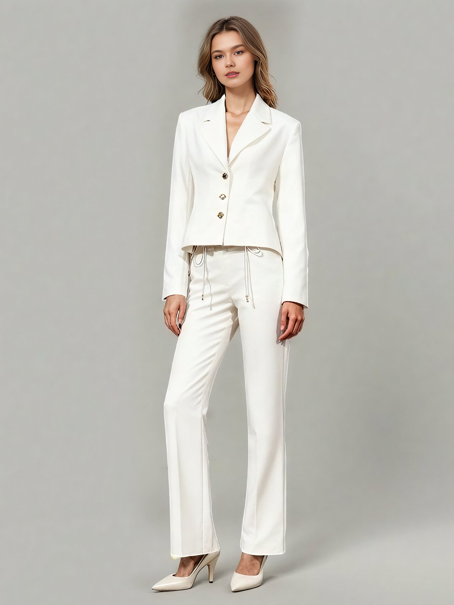White Blazer with Unique Button & Drawstring Hem Detailing